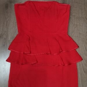 80s Vintage Designer Lida Baday Red Strapless Peplum Mini Length Cocktail Dress
